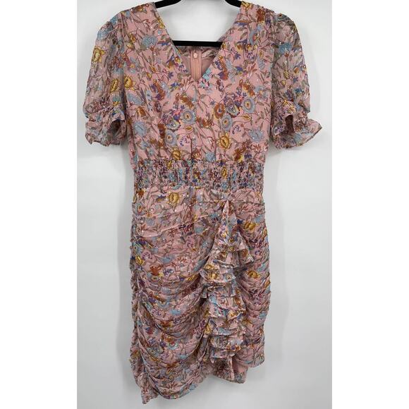 Walter Baker Floral Fitted Smocked Waist Ruffle Pink Primrose Chiffon Dress NEW - Picture 2 of 15